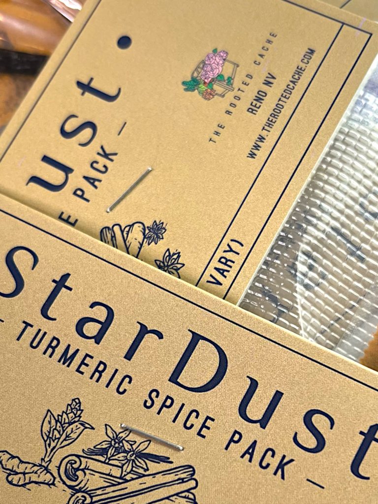 3 packs of StarDust Turmeric Latte Spice Packs for turmeric lattes, golden milk lattes, moon milk lattes, turmeric baked desserts, and more.